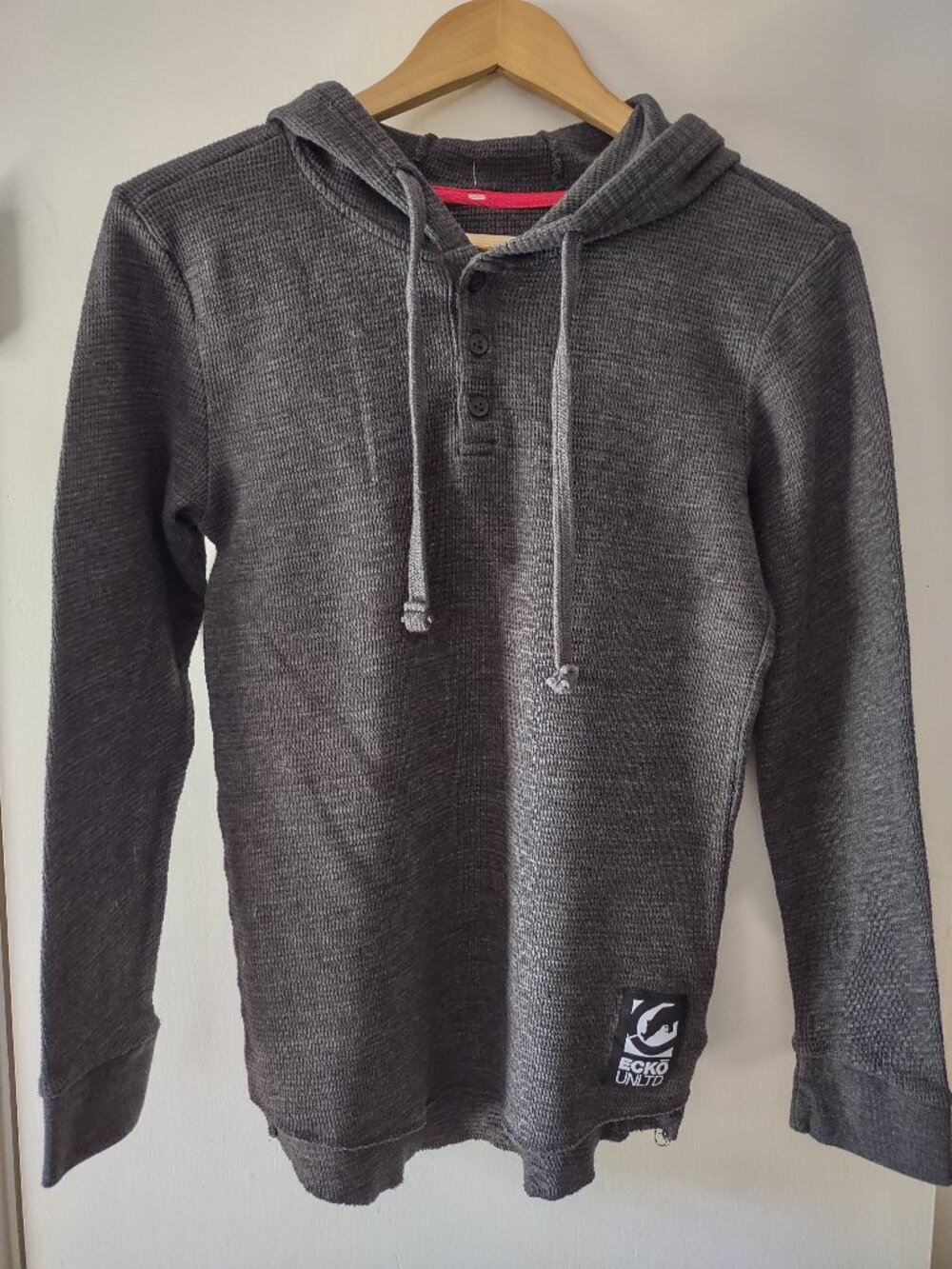 Ecko Unlimited Thermal Hoodie Men's Small Gray Waffle Knit Henley Long Sleeve